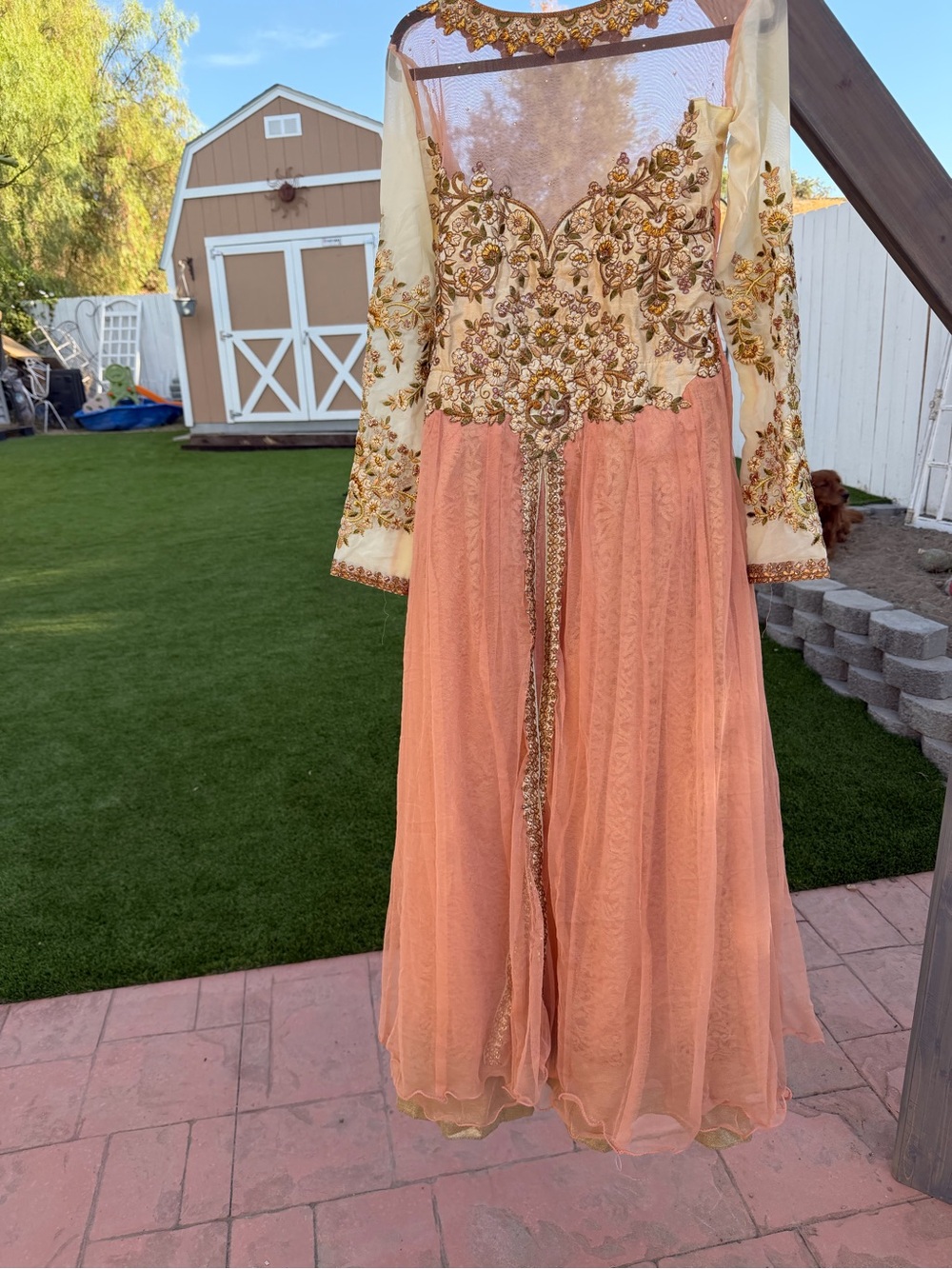 Source Unknown Peach & Ivory Embroidered Long Sleeve Formal Dress